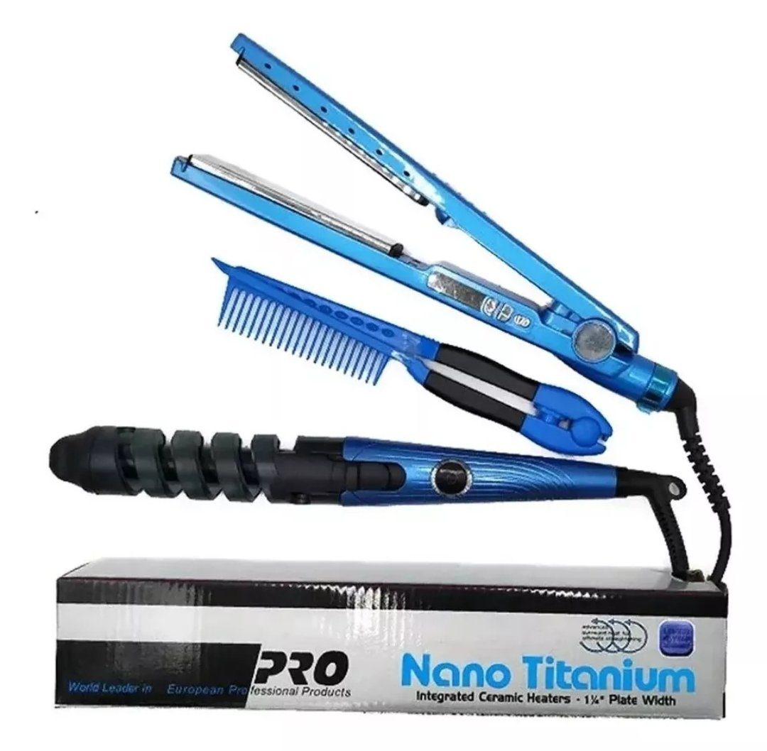 Combo Nano Titanium Profesional: Plancha, Peine Alisador y Rizador – Estilo y Versatilidad en un Solo Set