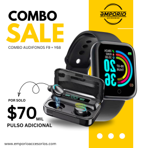 Combo Smartwatch Y68 + Audífonos F9 Bluetooth | Monitor Salud, Llamadas, Caja Power Bank – Envío Rápido