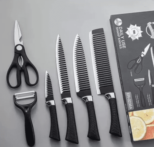 Juego de Cuchillos Profesionales 6 Piezas Acanalados | Todo en Uno para Cocina con Mango Ergonómico