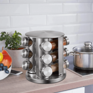 Set Especiero Condimentero en Vidrio x12 con Base Giratoria de Acero Inoxidable | Organizador de Cocina Color Plateado