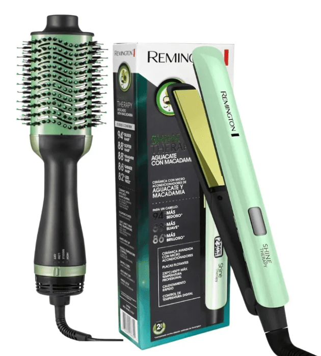 Combo Plancha Remington Aguacate + Cepillo Secador | Cuidado Capilar Profesional Antifrizz